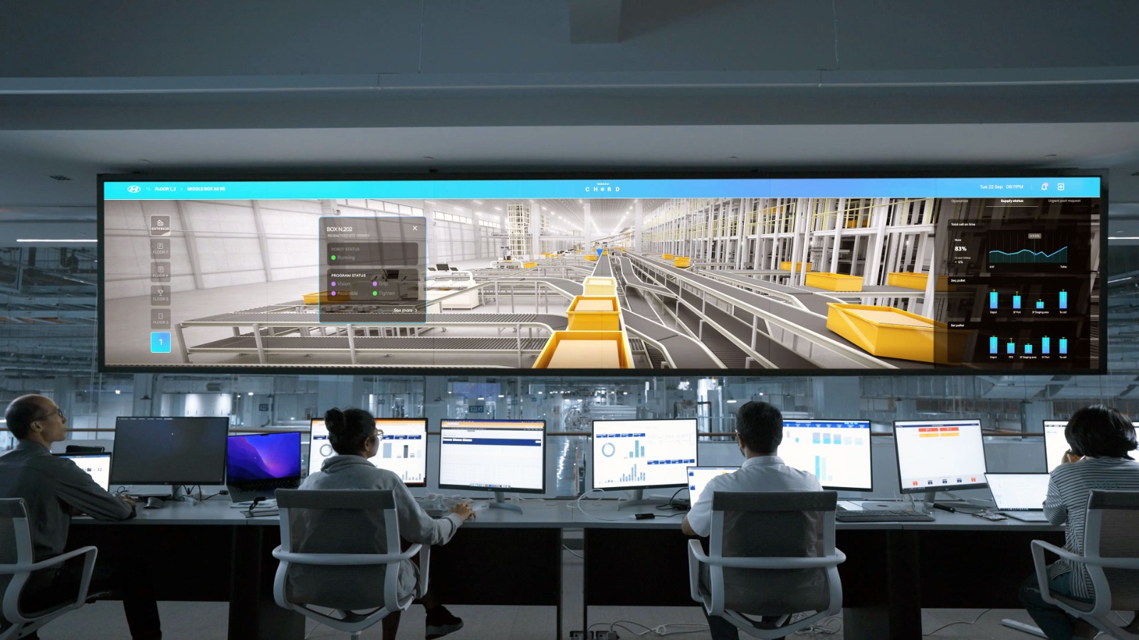 Engineers at workstations in front of a wide operations monitoring wall
